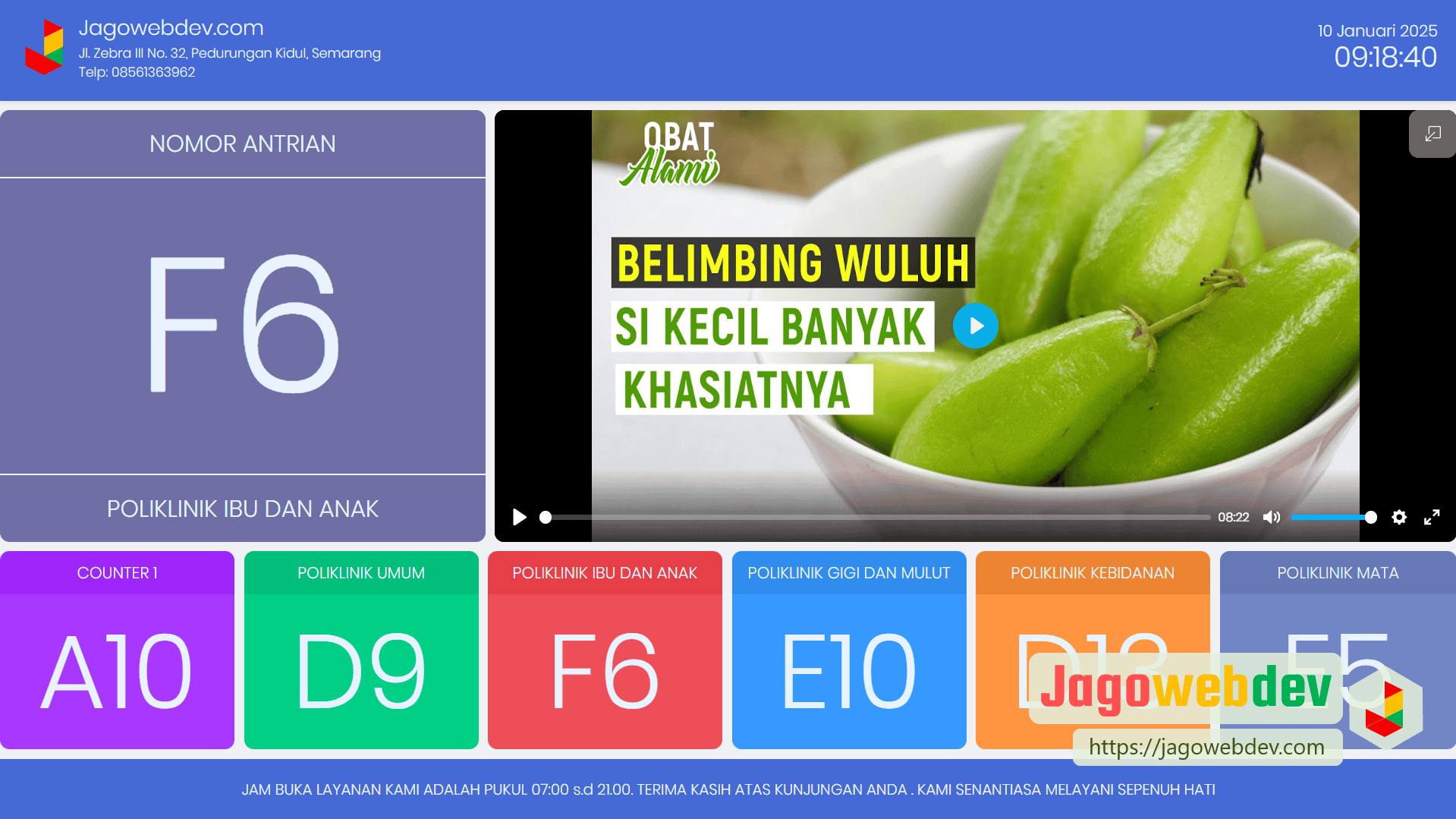Layout Layar Monitor Antrian Maksimal 6 Loket